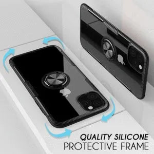 Black PU iPhone case with an integrated swivelling car holder arm attached to the back cover.