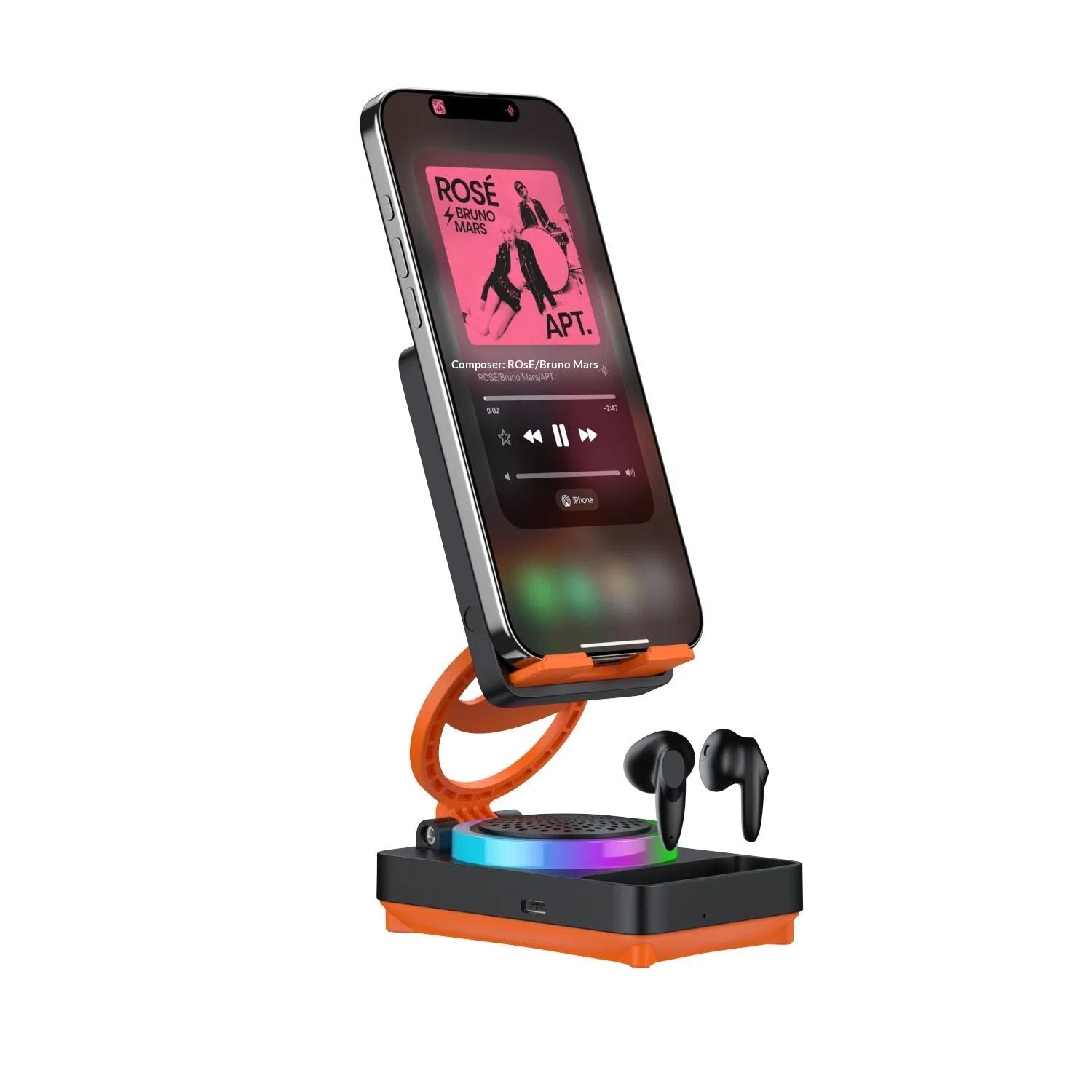 TF27BOX multifunctional mobile phone holder in black with built-in speaker and phone placed in cradle