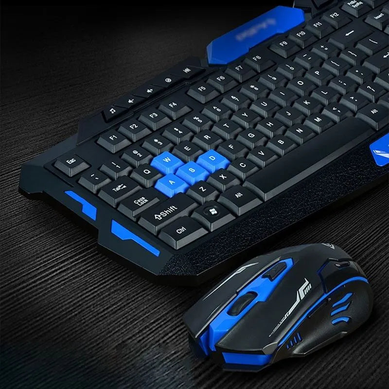 Black and blue wireless keyboard and mouse set with ergonomic design on desktop