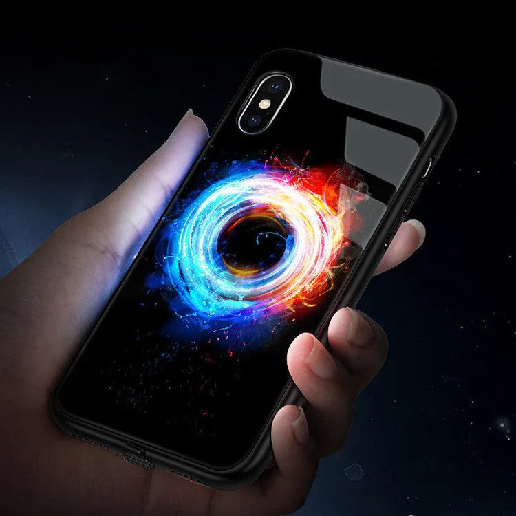 Voice-activated iPhone case with LED flash light and tempered glass back in cool lightning design.