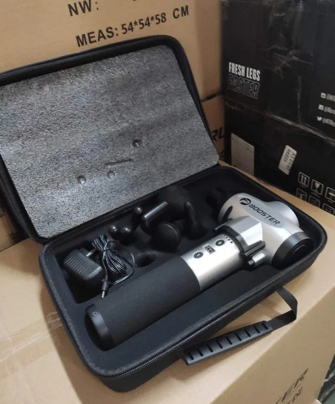 Black and white handheld muscle massage gun with adjustable speed settings