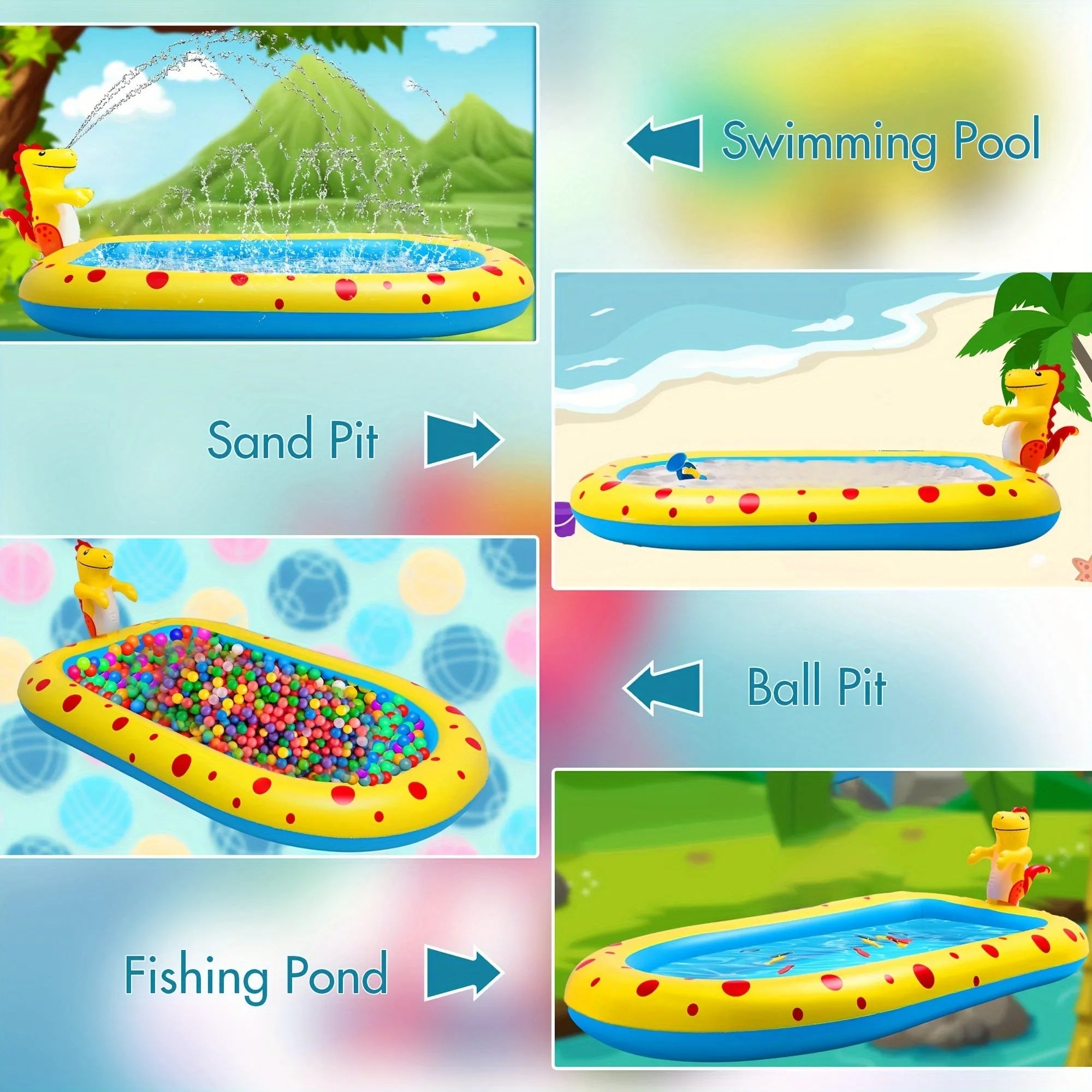 Blue dinosaur and shark water play pool for children in a garden setting