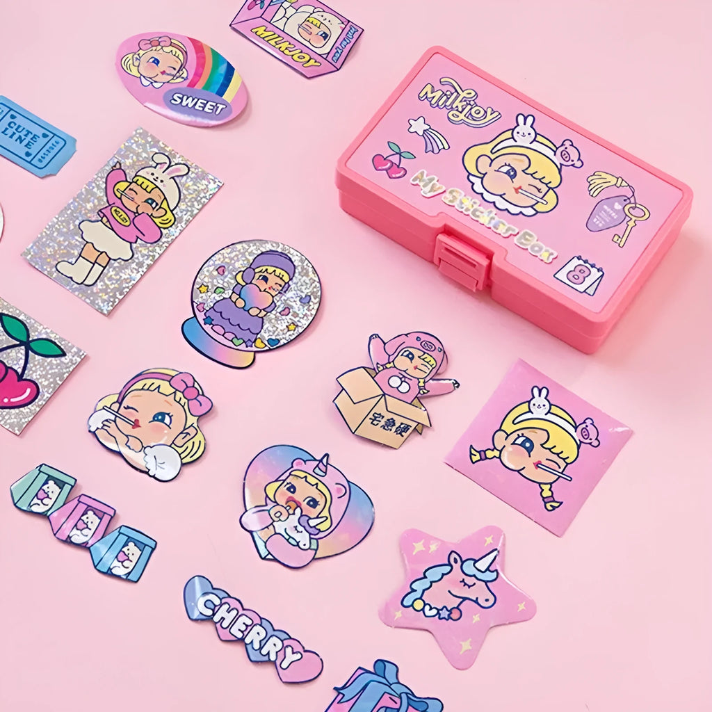 Box containing 16 cute square cartoon stickers in Korean comics style for DIY decoration.