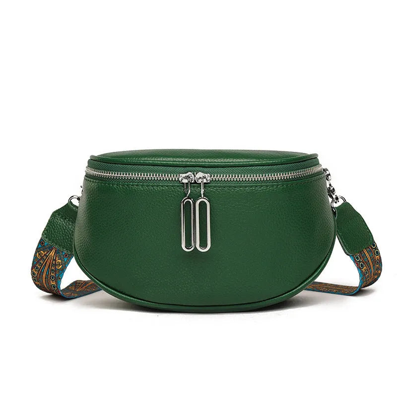 Women's soft PU leather messenger bag in saddle shape with adjustable strap and zippered compartment