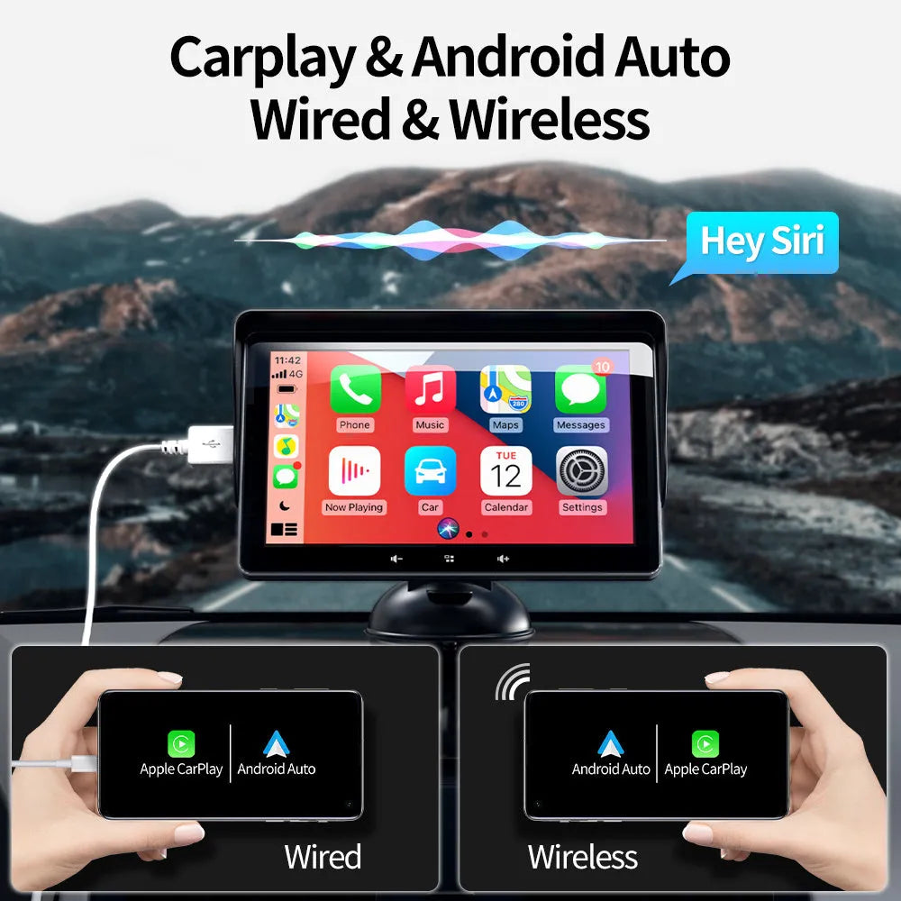 7-inch wireless CarPlay display mounted on a car windscreen with a suction cup, connected to a cigarette lighter plug.