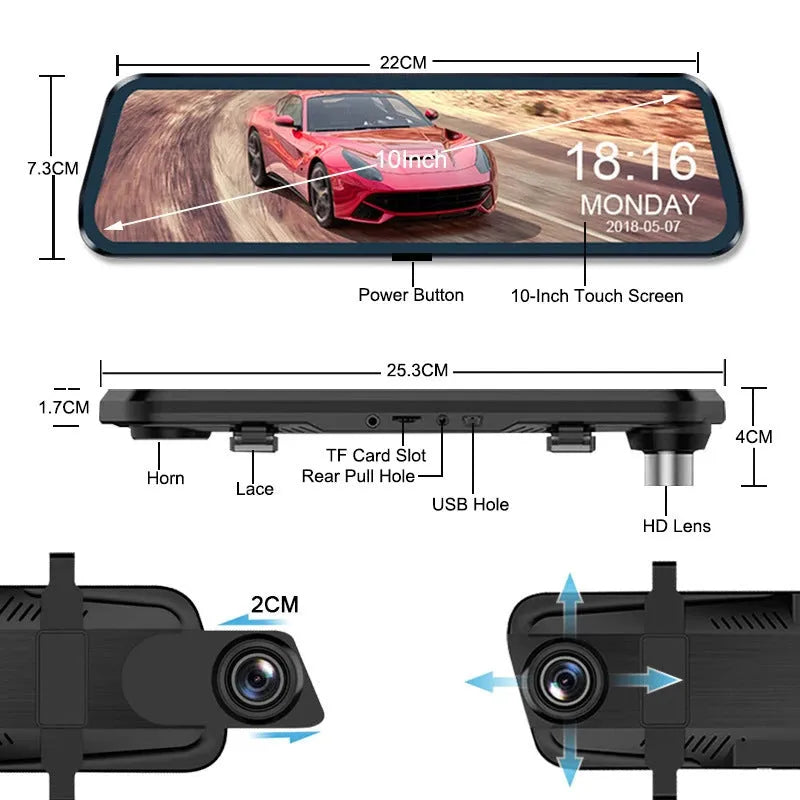 10-inch full screen car dash cam with front and rear cameras on a car dashboard
