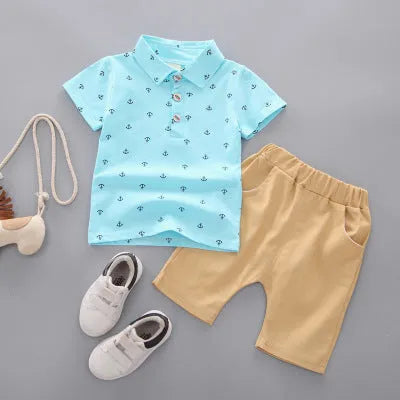 Anchor print children's cotton pantsuit set in Korean style with short sleeves and trousers
