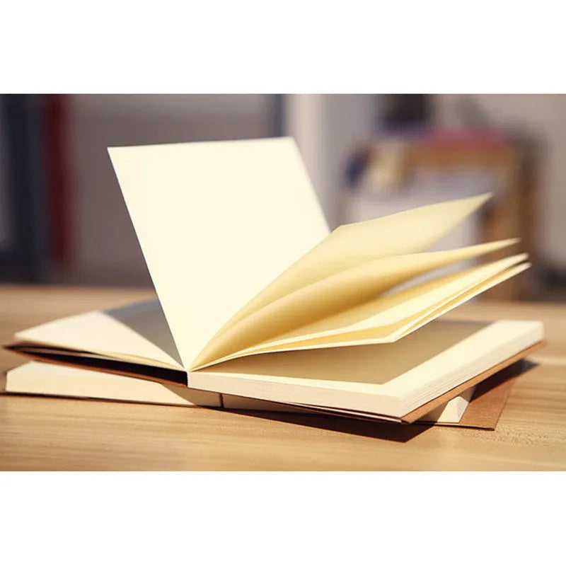 Brown kraft paper sketchbook open flat showing textured drawing pages and wireless binding.