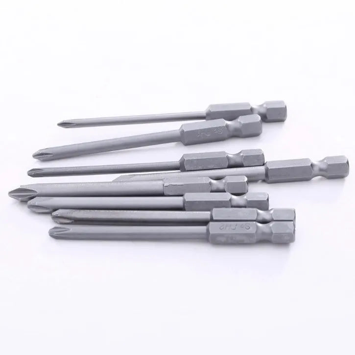 Set of eight long 75mm magnetic Phillips head screwdriver bits with red sleeves on a white background.