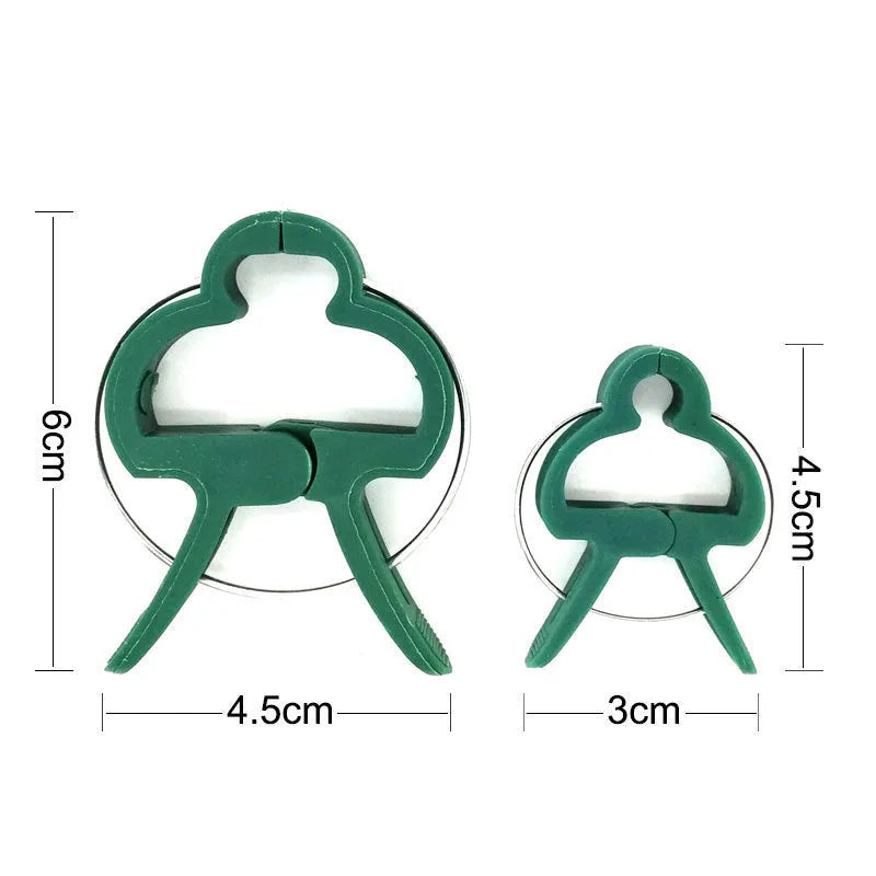 Green plastic plant fixing clips, large and small sizes, for securing climbing vegetables and vines.