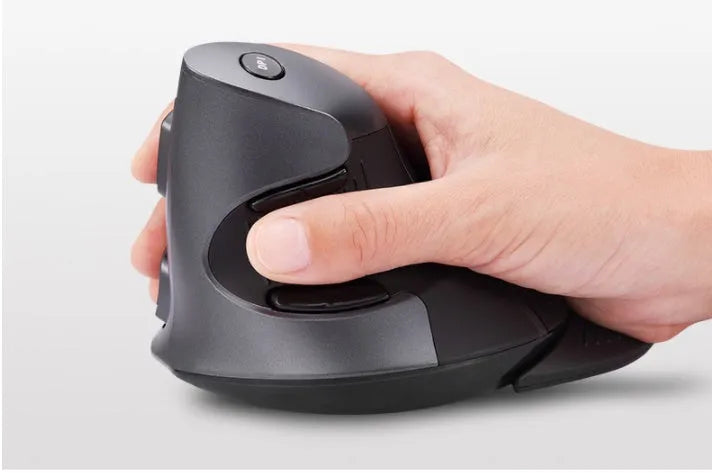 M618 black and white wireless vertical ergonomic mouse for right hand on desk.