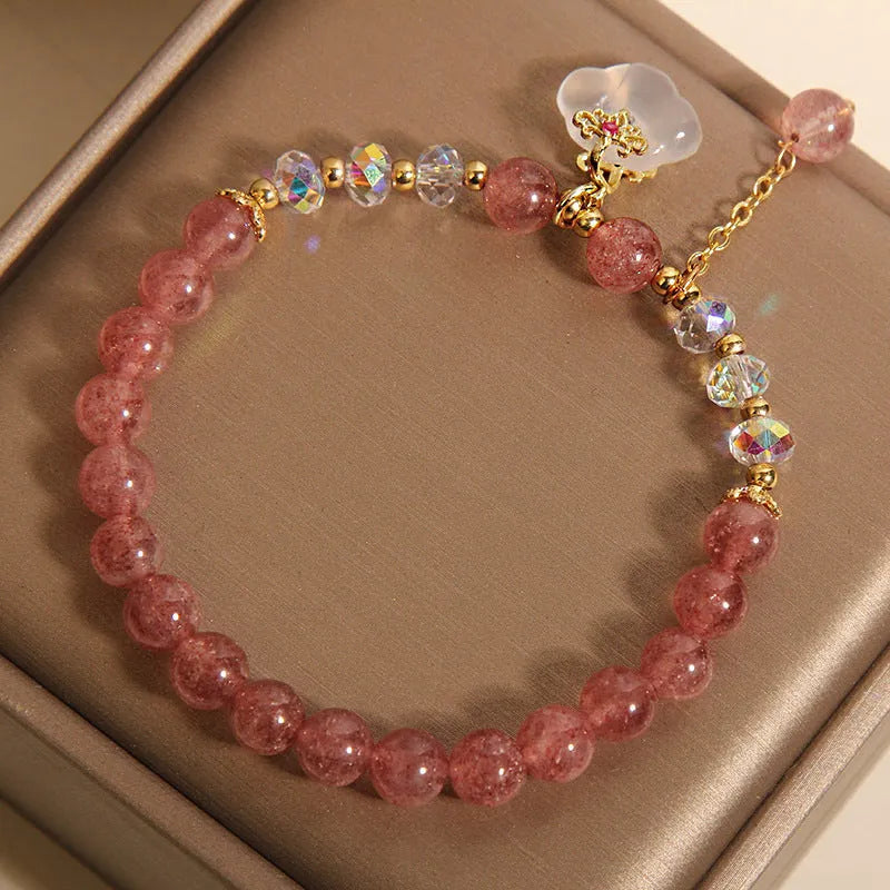 Women's natural strawberry quartz and white agate crystal bracelet with auspicious cloud pattern on elastic string