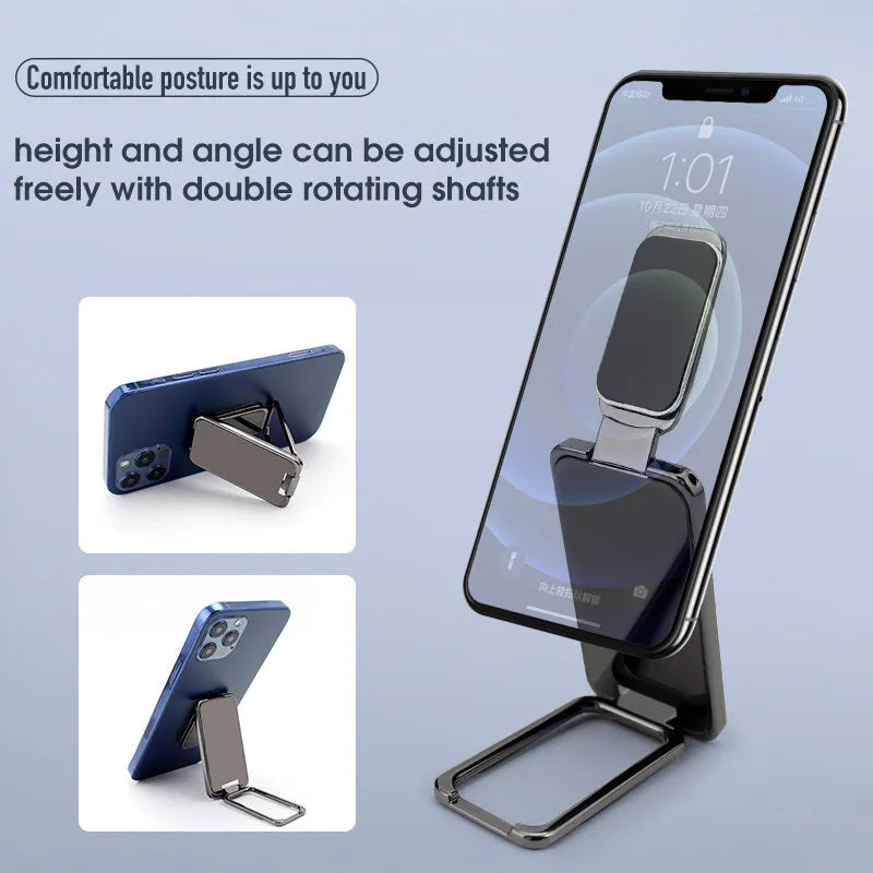 Silver foldable mobile phone holder with magnetic bracket showing adjustable viewing angles