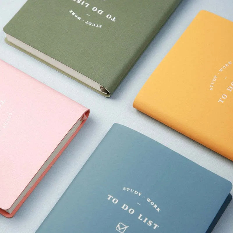 Simple Style portable todo list notebook in blue, green, pink, or yellow PU cover, showing 96 pages of eye protection paper.