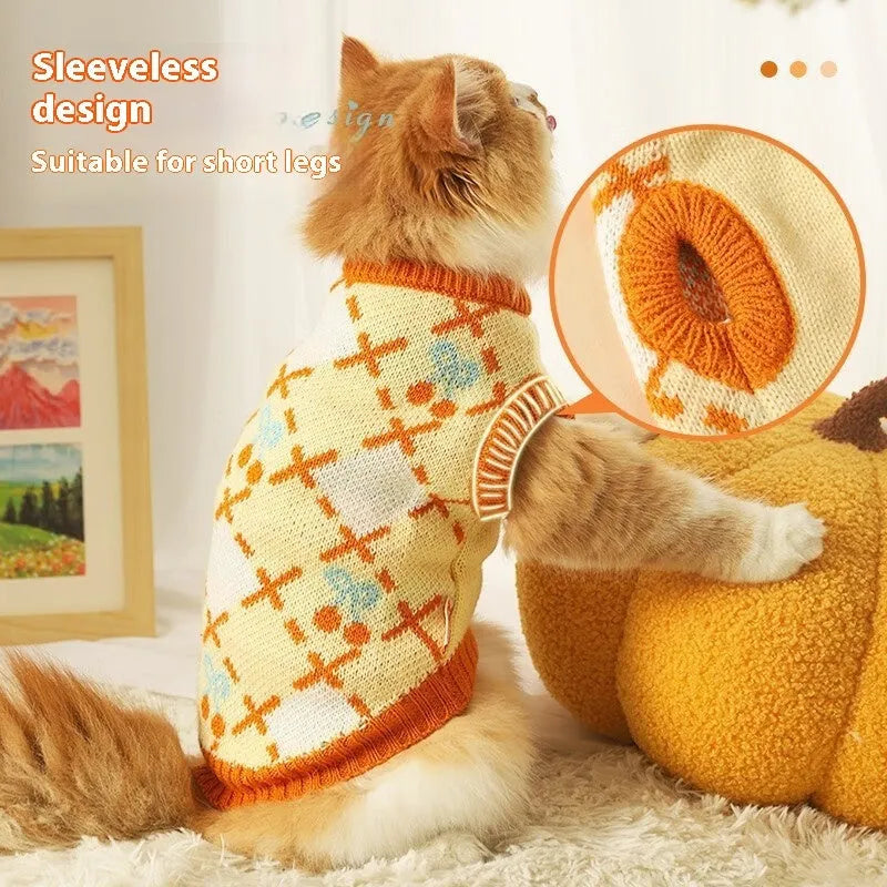 Orange cherry pattern cat sweater for autumn and winter wear with warm windproof design