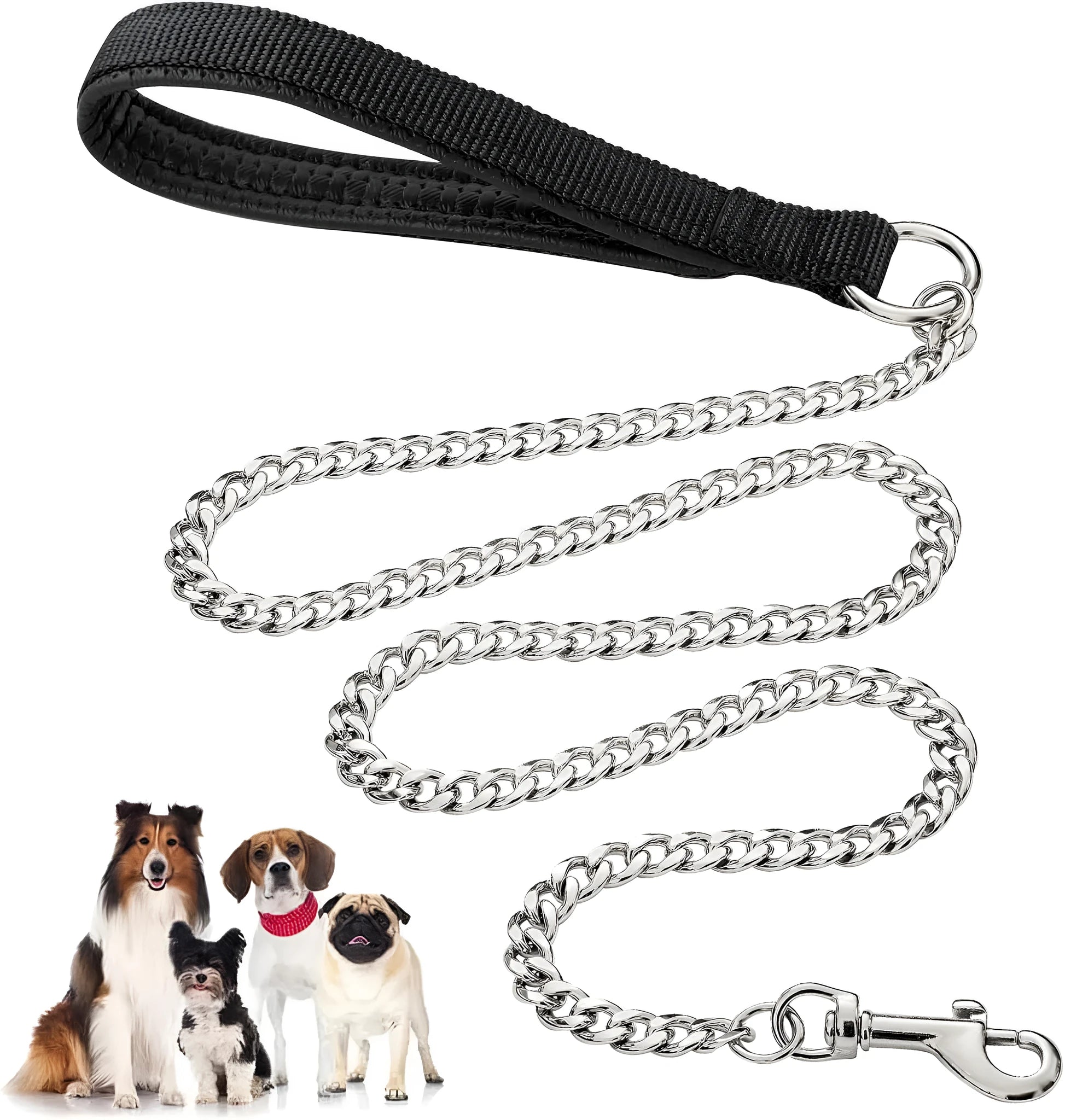 Heavy duty metal chain dog leash with a soft black padded handle, shown in red, blue, and black colours