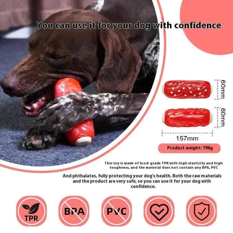A primary coloured plastic molar rod-shaped dog chew toy.
