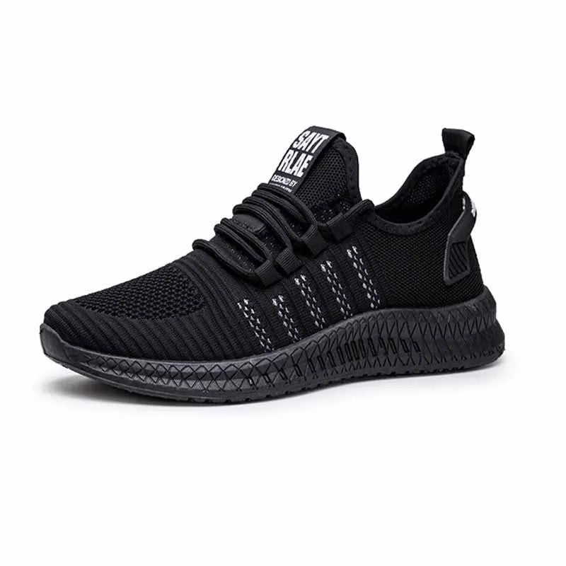 Men's fly weave casual trainers with cross-strap design and low heel in black, orange, or yellow