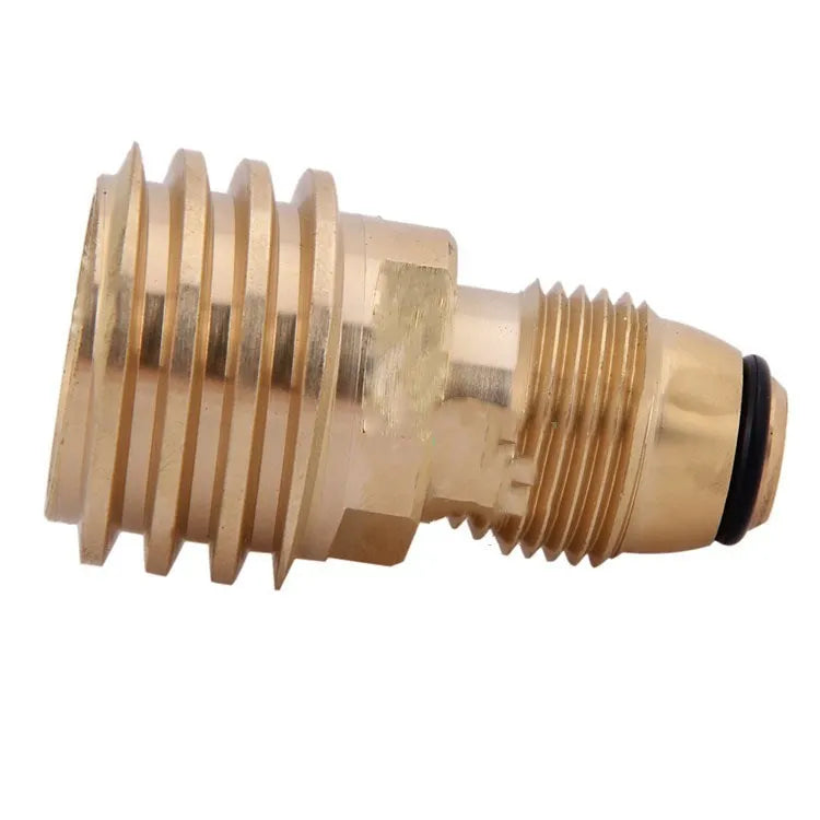 Brass gas charging adapter with gold finish and taper external thread for 7mm connections