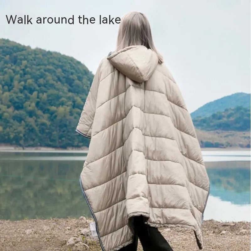 Army Green wearable cloak sleeping bag for adults laid flat, showing 200x140cm size and cape design.