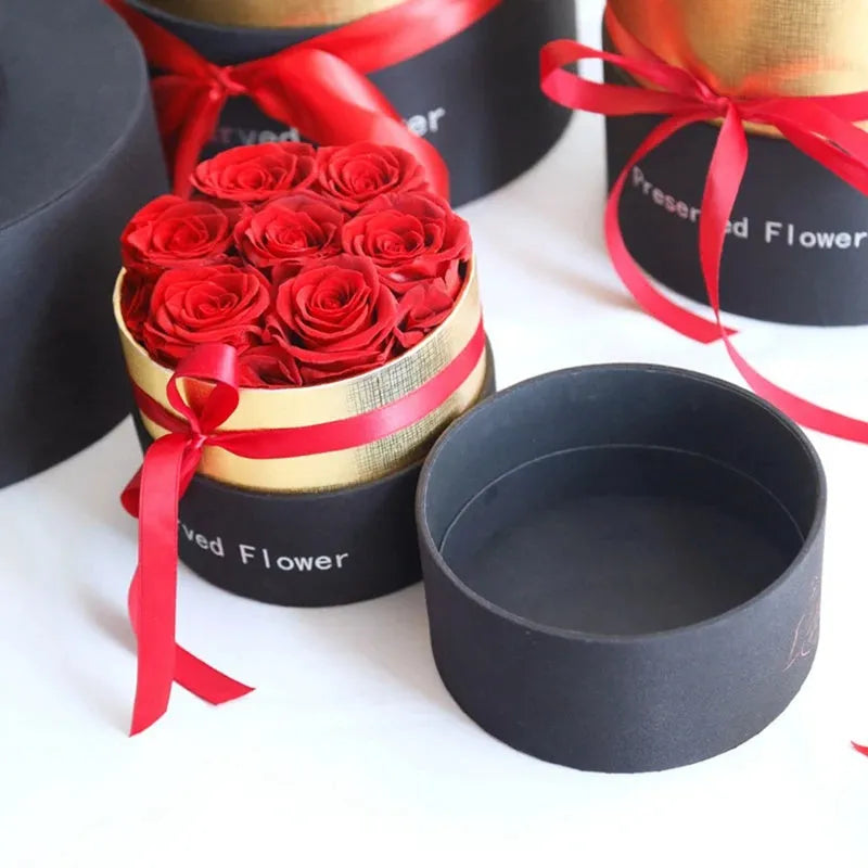 Boxed set of preserved red eternal roses in a luxury gift box for Valentine's Day.