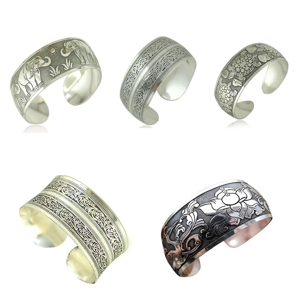Ethnic carved open Miao silver style bracelet in alloy with Roman shape, elephant colour option