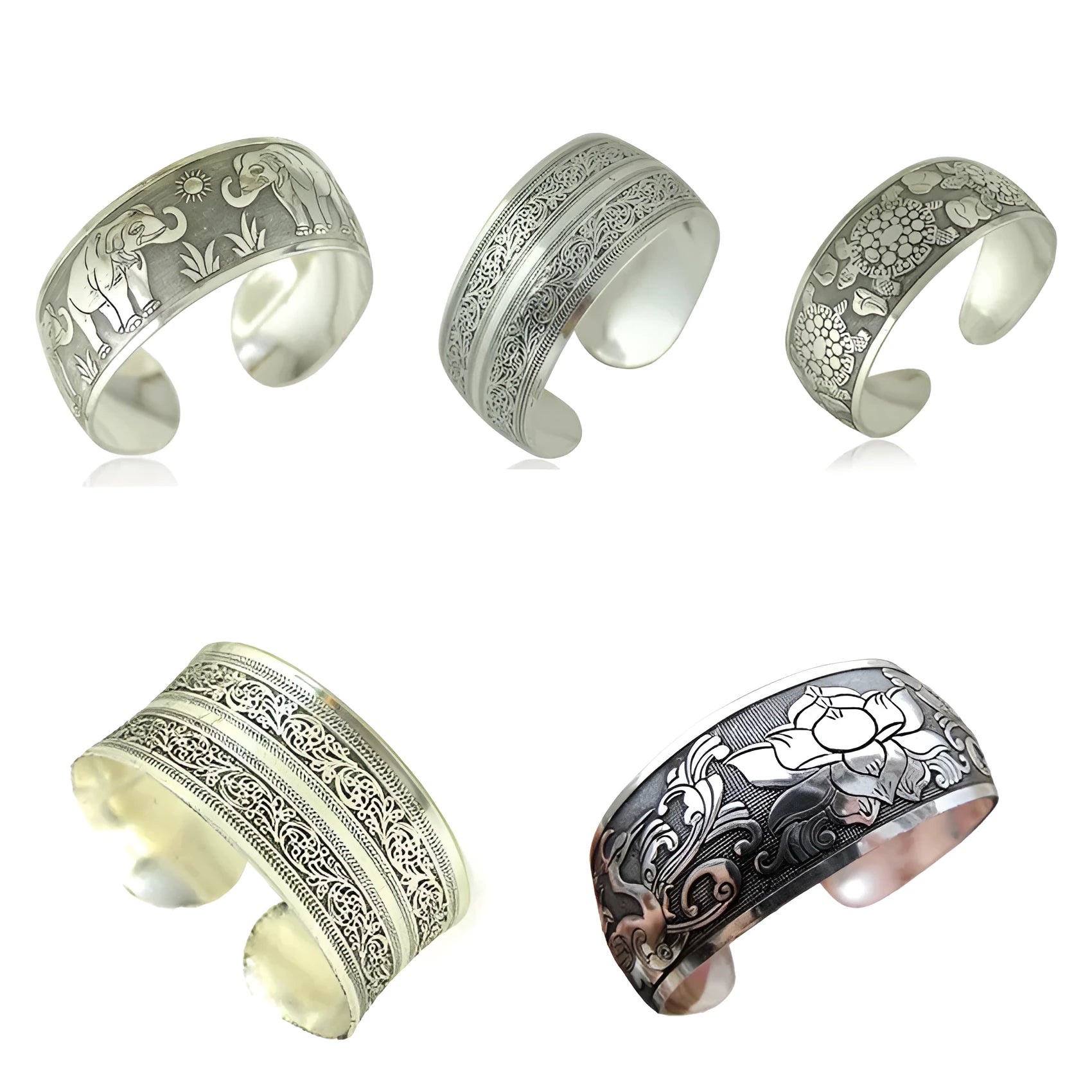 Ethnic carved open Miao silver style bracelet in alloy with Roman shape, elephant colour option