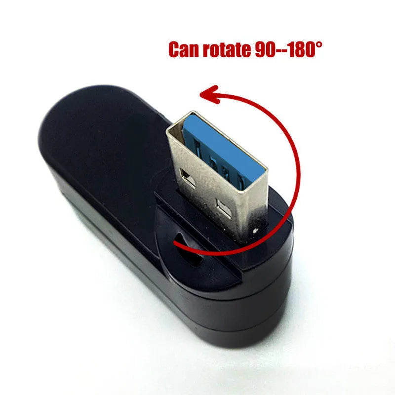 Black 4-port USB 3.0 rotating hub on a white background showing its compact size.