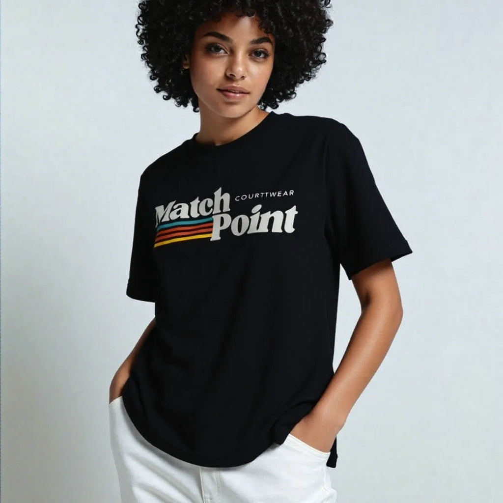 Black men's casual T-shirt with a 3D digital printed text pattern on the front.
