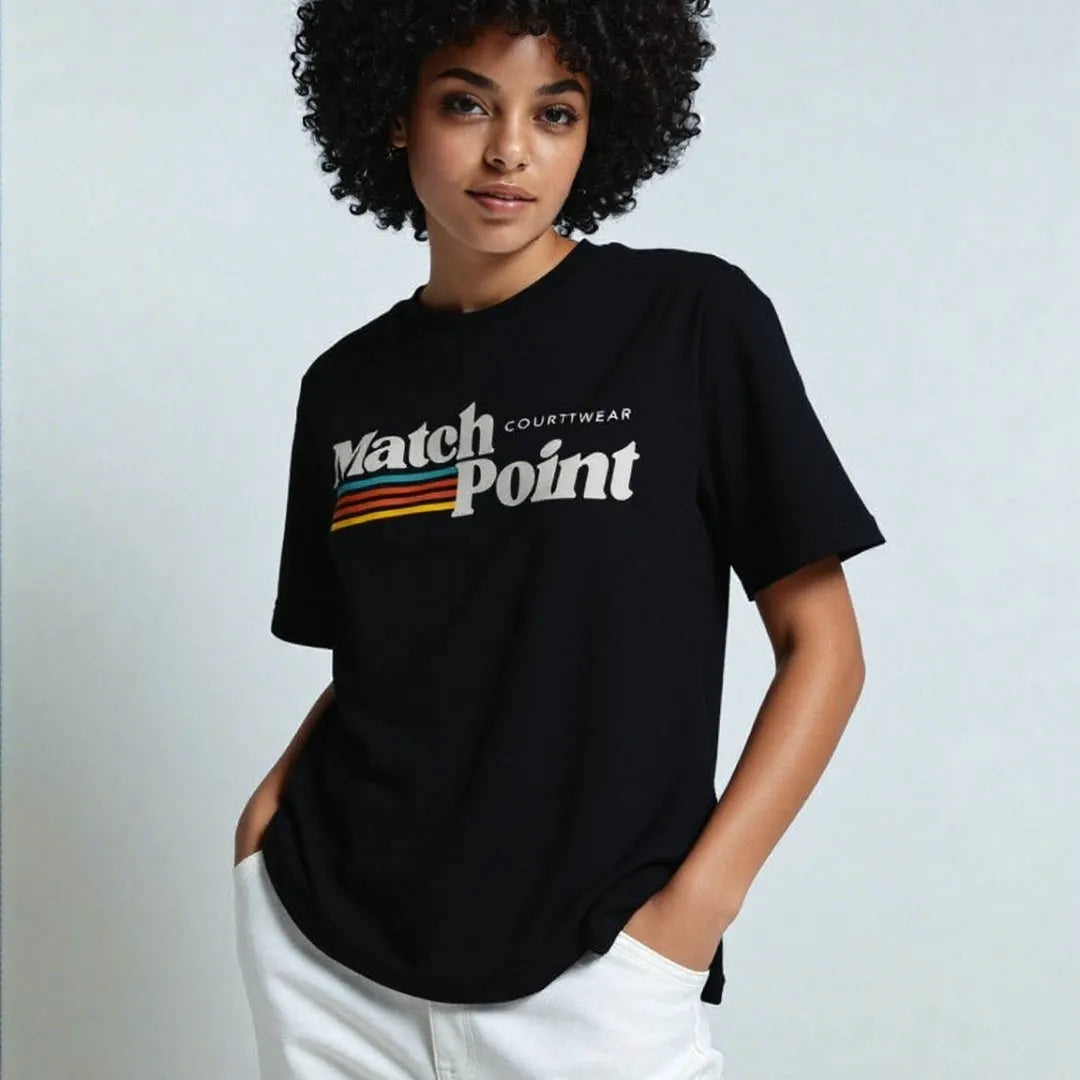 Black men's casual T-shirt with a 3D digital printed text pattern on the front.