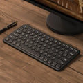 Ultra-thin white wireless keyboard and mouse set with USB receiver on a desk.