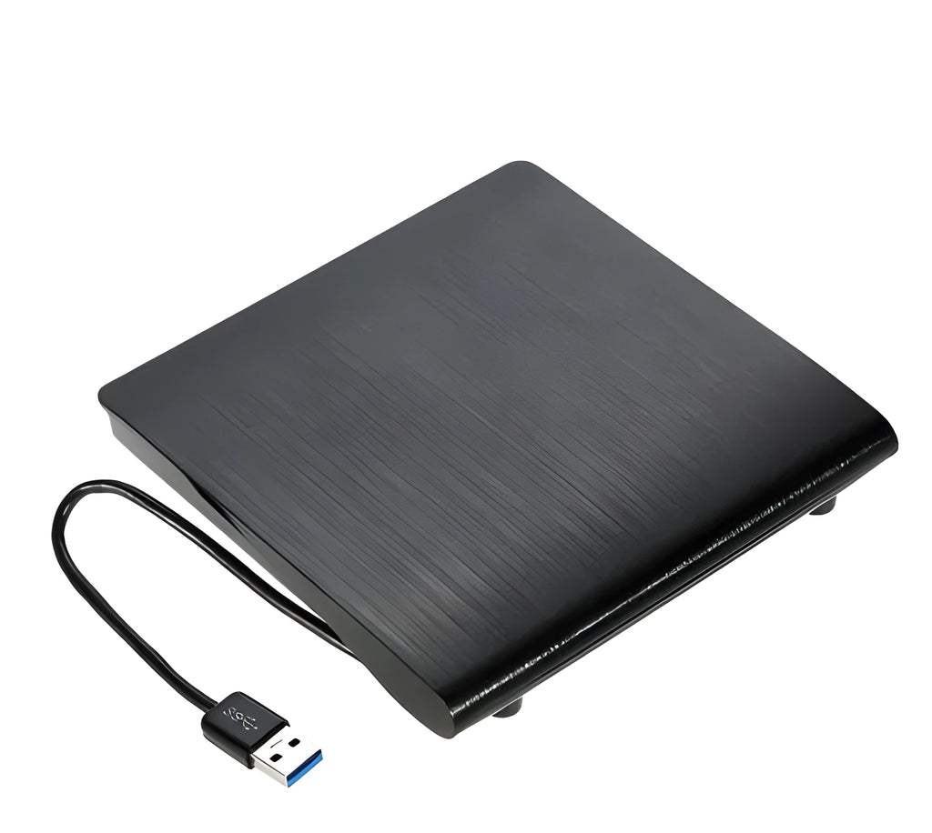 External optical disk drive in black with USB 2.0 and 3.0 support for DVD burning