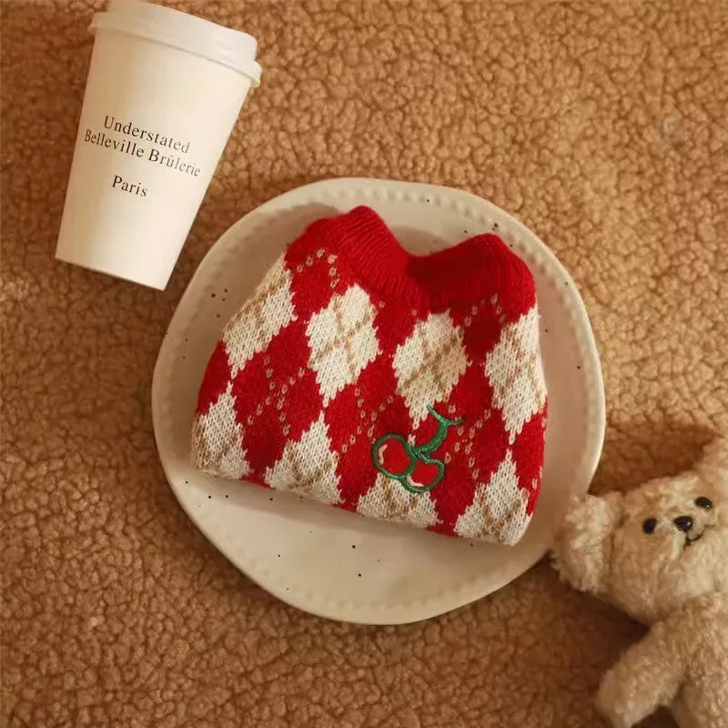 Red cat sweater with diamond embroidery cherry pattern shown in various sizes
