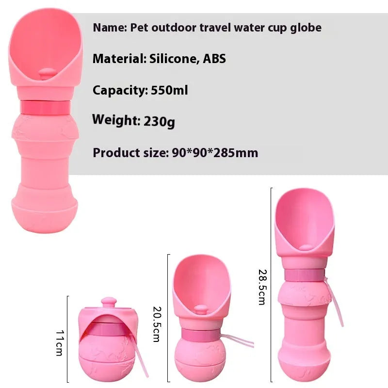 A folded and unfolded pink silicone water cup for dogs, showing its portable design.