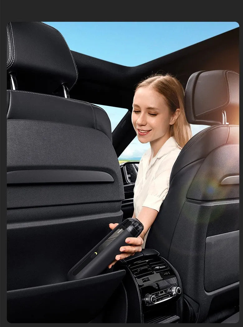 Baseus handheld car vacuum cleaner in black, white, or green next to a dust bin and blowing hose.