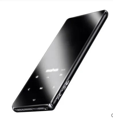 Silver ultra-thin portable MP3 player with a 2.4-inch touchscreen displaying a music interface.