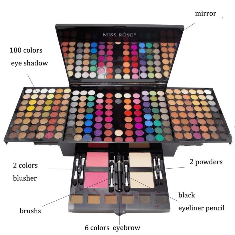 Piano-shaped makeup palette open to show 180 eyeshadows, 2 blushes, and 8 contour powders