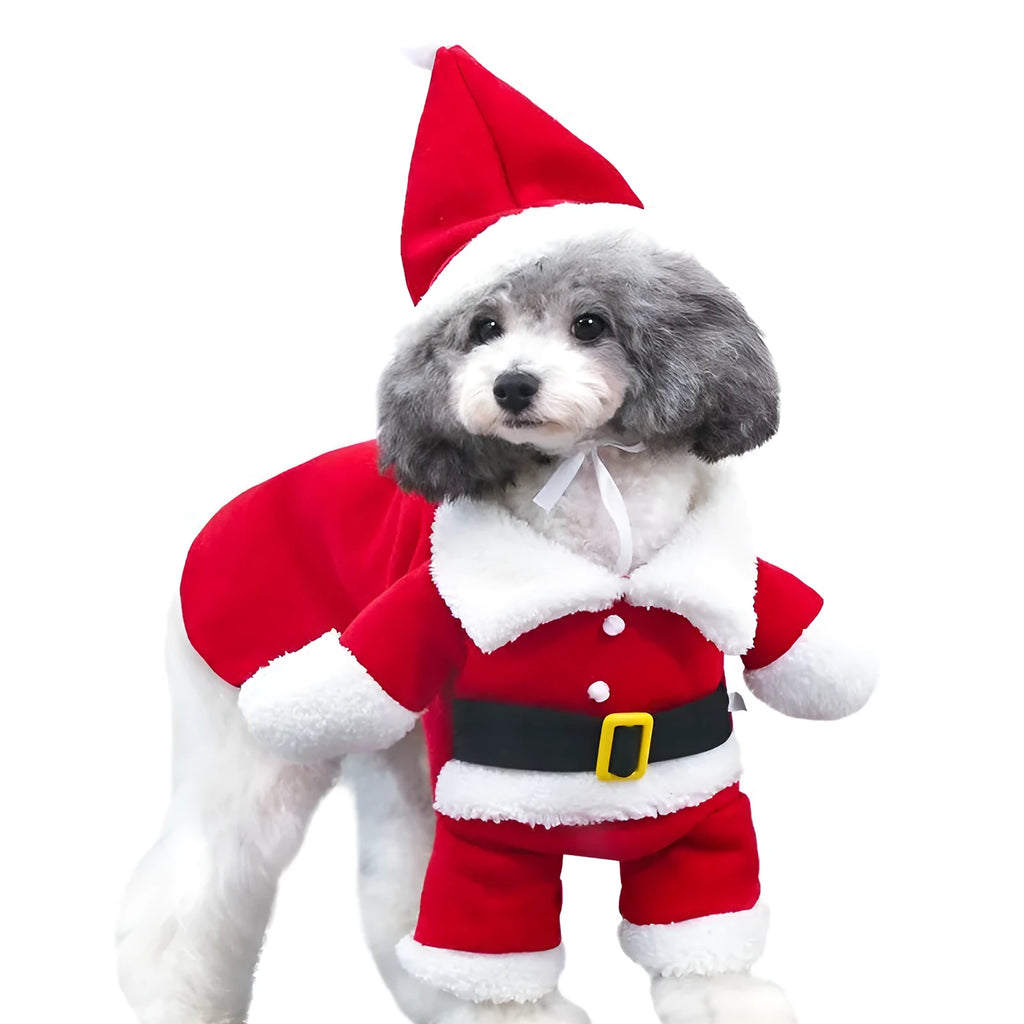 Red polar fleece Santa Claus costume for a small dog or cat, shown on a mannequin.