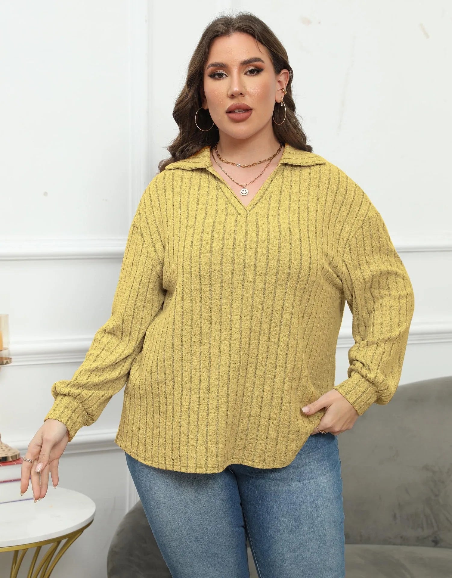 Women's plus size gray fleece shirt with a polo collar and puffed lantern sleeves in a Gothic streetwear style.