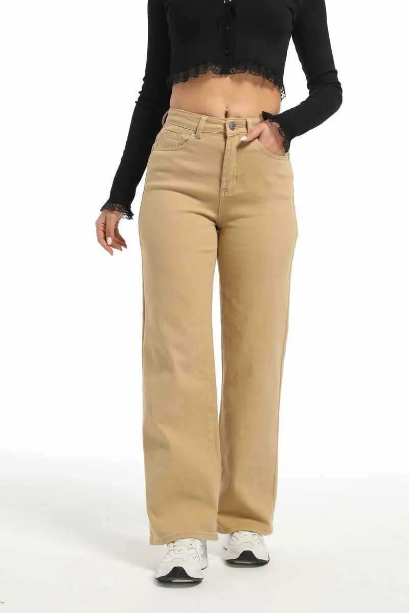 Women's apricot high-waist wide-leg jeans made from stretch cotton, laid flat.