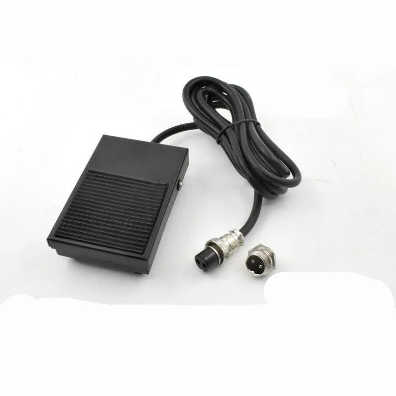 Metal welding foot switch pedal with black rubber top and 1.8 metre grey cable ending in a 2-pin plug connector.