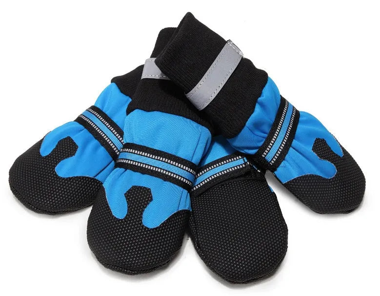 Waterproof dog boots for medium to large dogs, blue with non-slip rubber sole and reflective Velcro straps