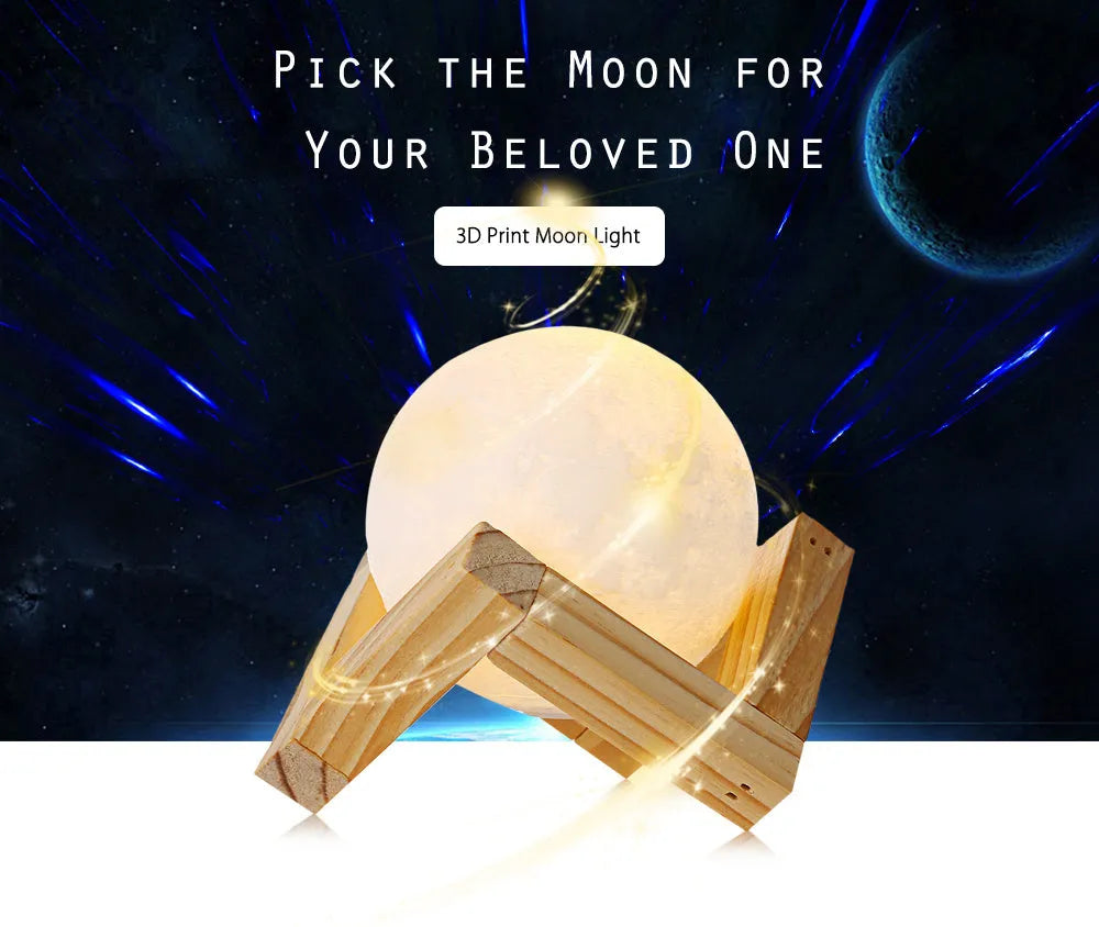 3D printed white moon lamp with textured surface on a wooden stand, showing touch ring at base
