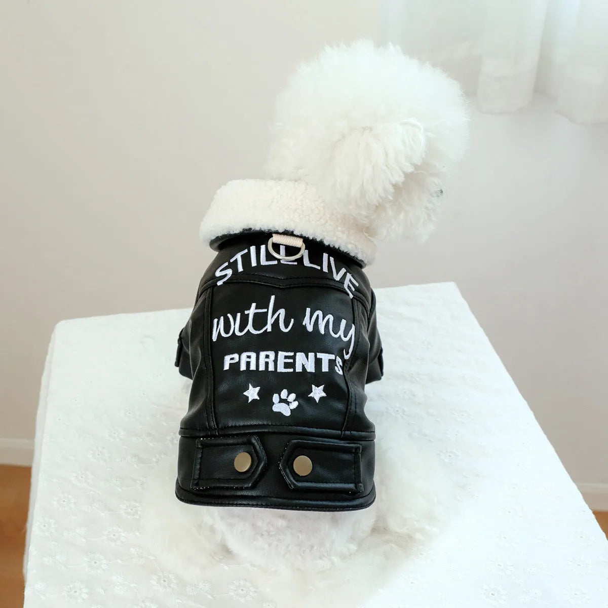 Large fur coat dog clothing with fleece lining and padding in beige, black or suede style