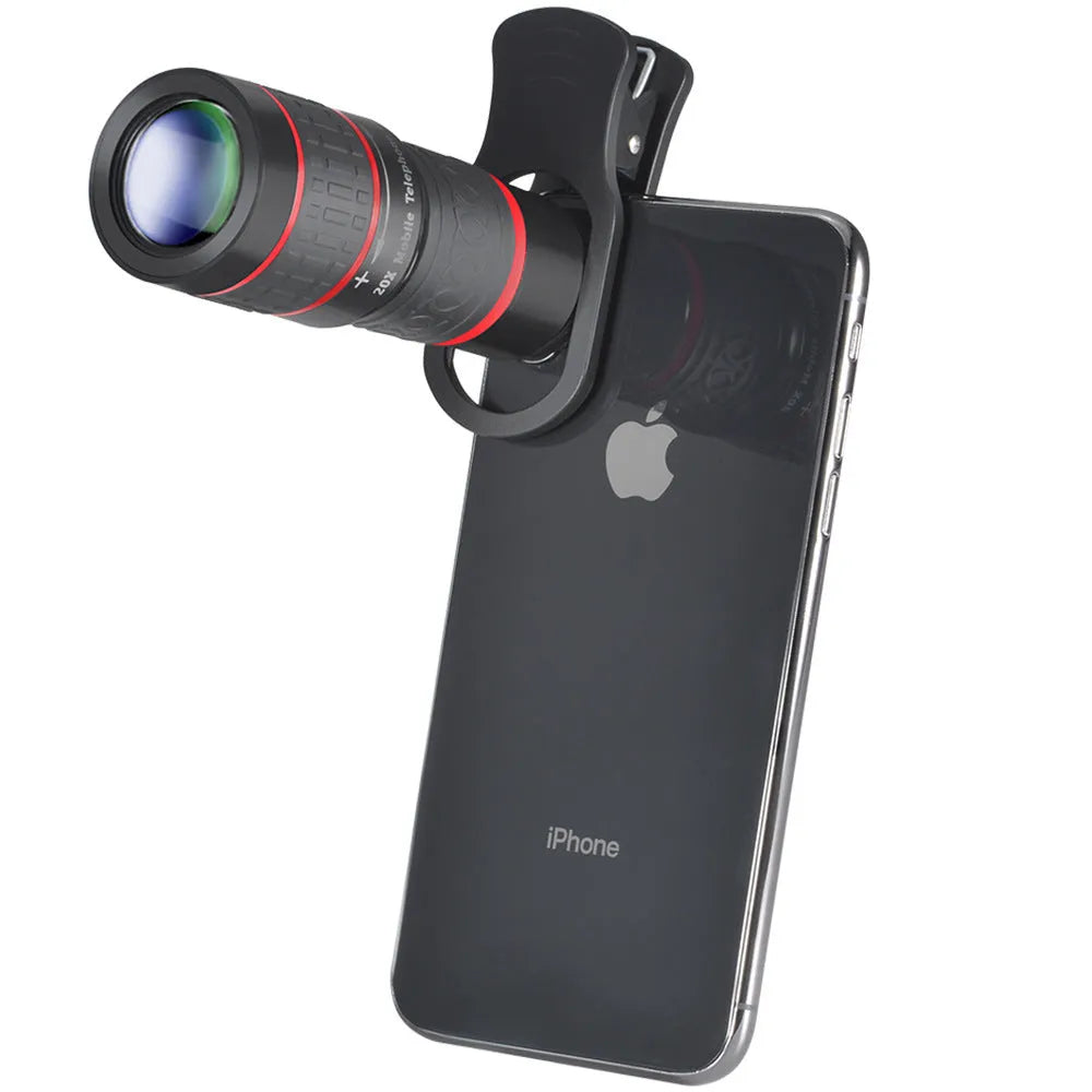 20x magnification mobile phone telescope with universal mounting clip and single eyepiece mask.