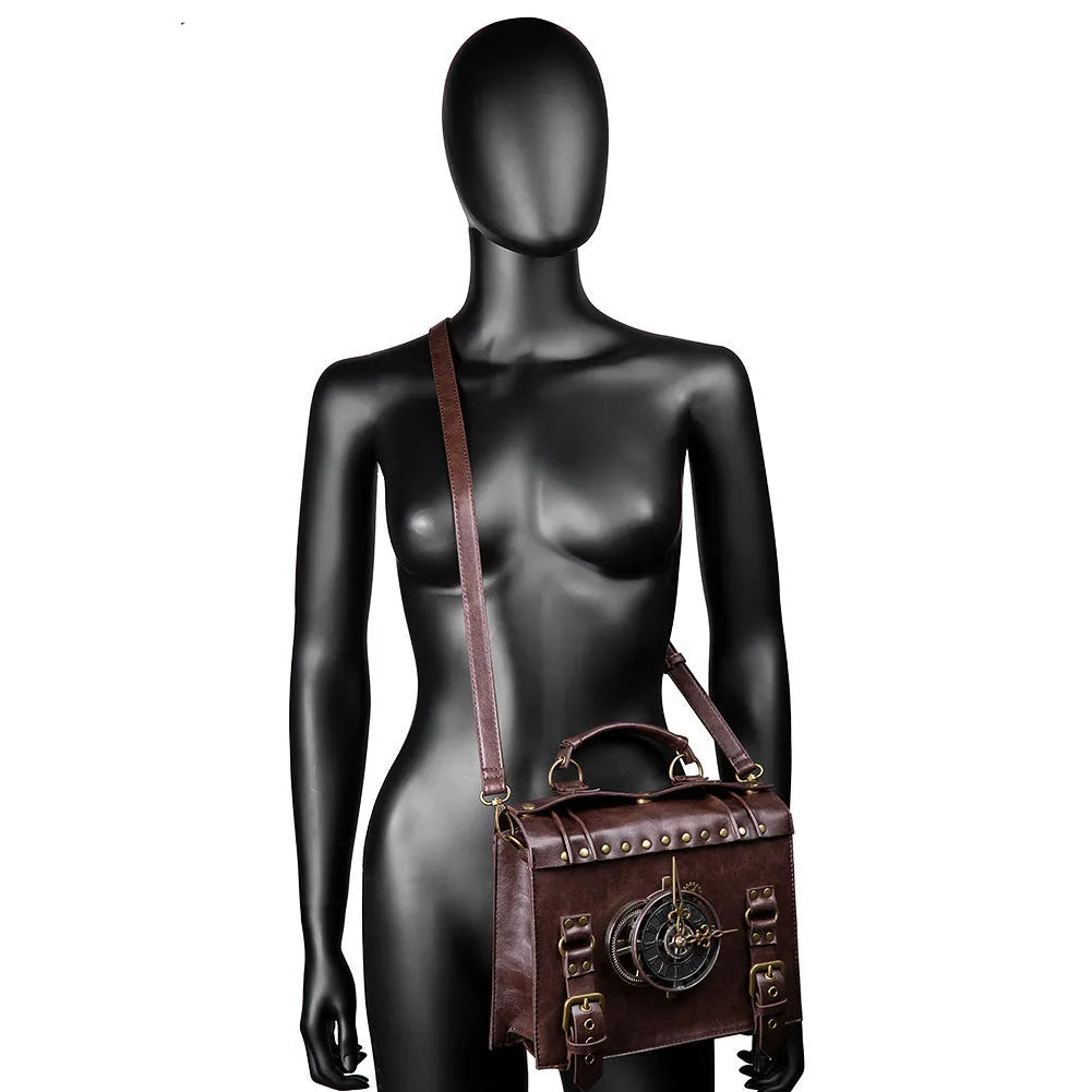 Bronze steampunk industrial retro style shoulder bag with metal hardware and pillow shape