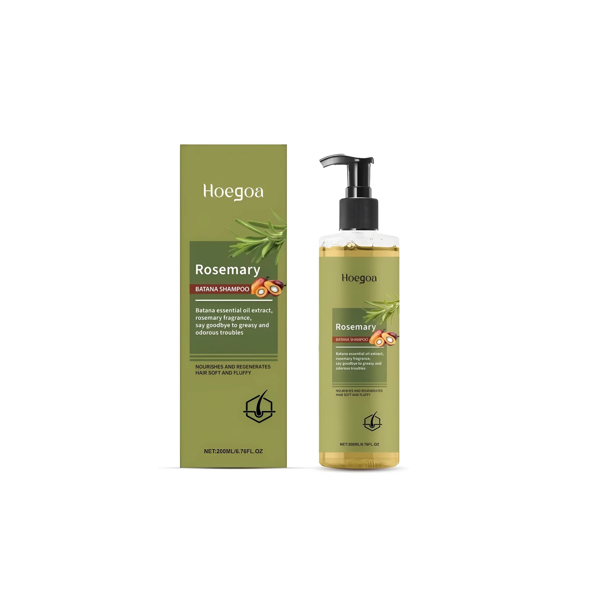 200ml bottle of clear Rosemary Hair Growth Shampoo with label showing ingredients.