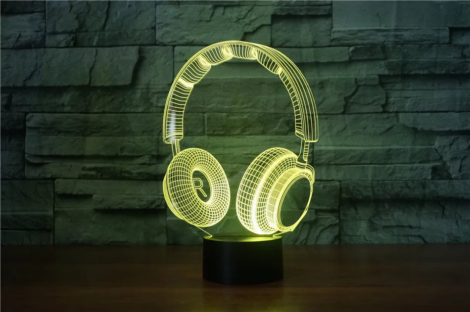 Stereo earphone illusion decorative table lamp with acrylic shade, LED light, and USB cable