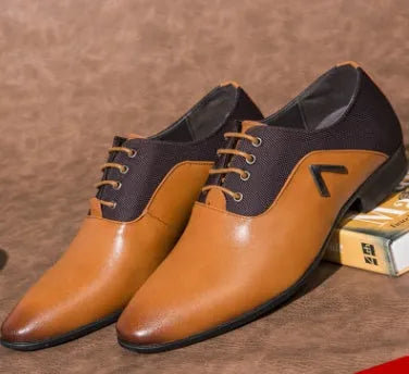 Men's black Oxford shoes with a low-profile artificial PU upper and rubber sole on a size chart.
