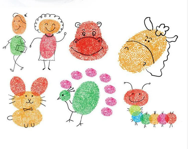 Children's finger print mud kit with plastic inkpad, stamp, and picture album for non-toxic sensory play.